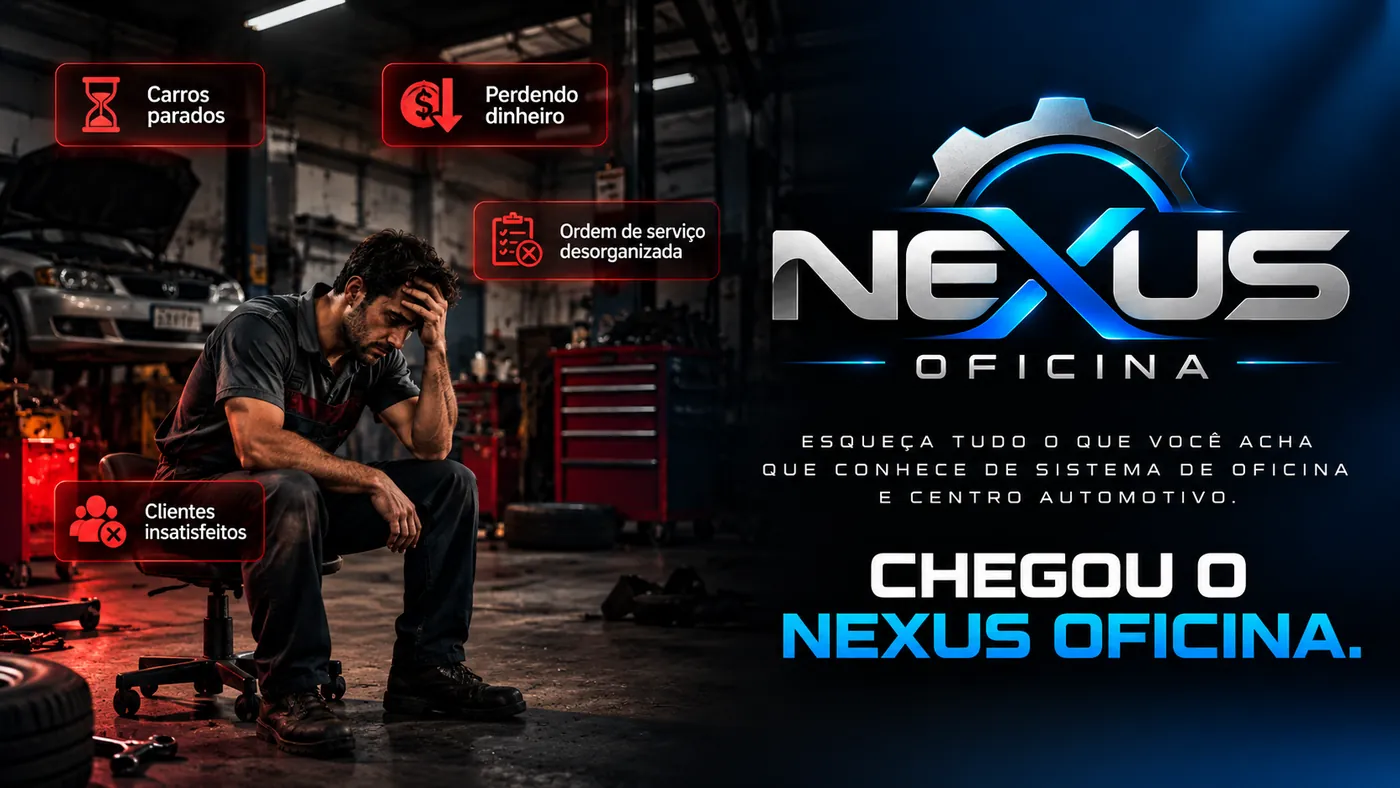 Dono de oficina preocupado em meio a papéis, ao lado da oficina organizada com o Nexus